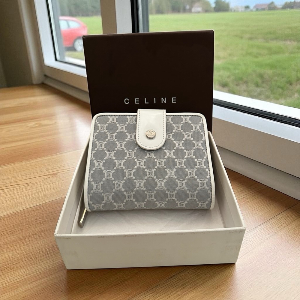 Celine Grey & White Triomphe Canvas & Leather Wallet